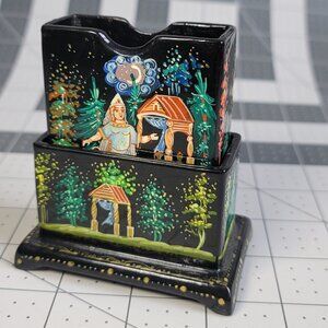 Russian Lacquer Playing Card or Cigarette Box & Stand Artist Signed Vintage